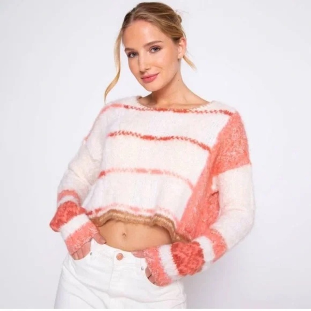 Free People Emerson Fuzzy Striped Sweater - Coral and Cream